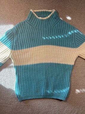 Women’s Large Y2K Vintage Tommy Hilfiger Heavy Ribbed Blue & White Turtleneck